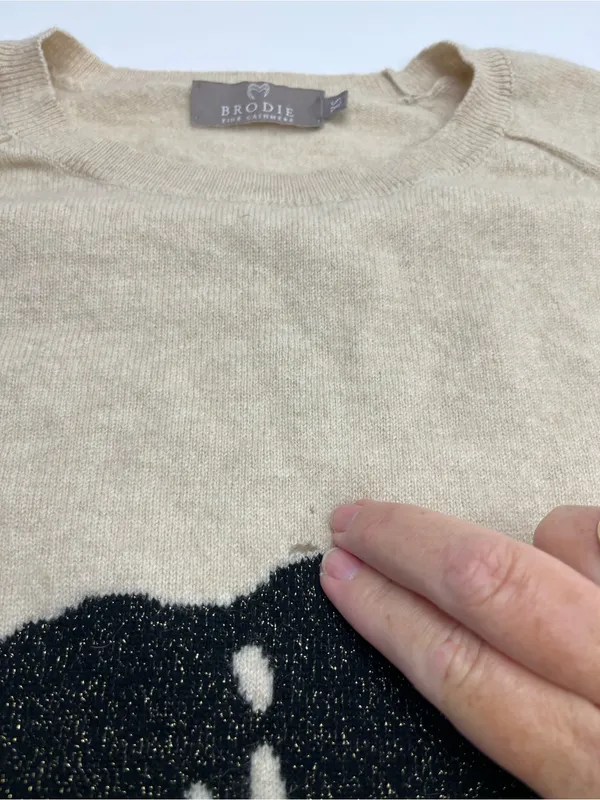 Brodie‎ Cashmere 100% Cashmere Sparkle Lip Cream Black Sweater Womens XS *FLAWED - Image 10