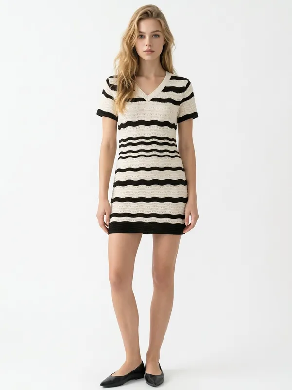 Striped V‑Neck Knit Mini Dress in Cream and Black - Image 2