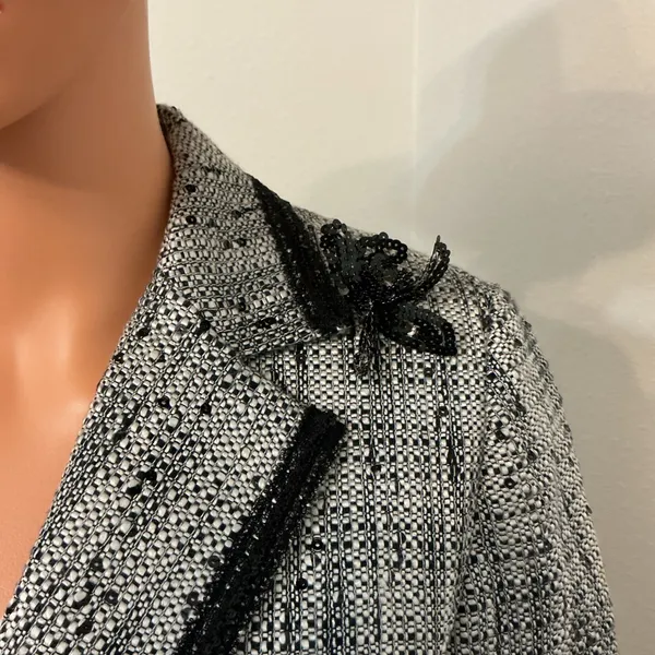 Bergamo Studio Tweed Blazer Jacket Black White Sequin Trim Size 6 - Image 5
