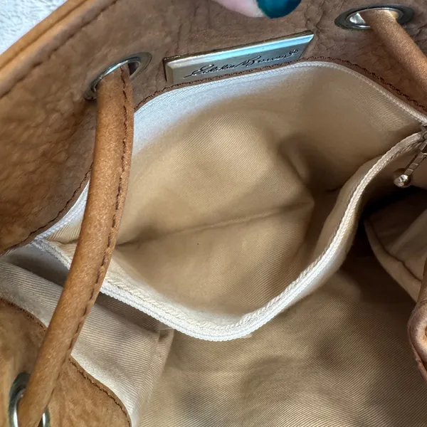 Eddie Bauer Tan Suede‎ Leather Bag Drawstring One Shoulder Backpack Purse - Image 16