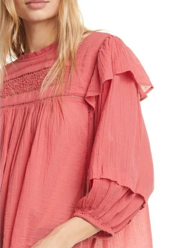 Free People Laura Western Top Red Berry Size XS Boho Embroidered FLAW Repaired - Image 3