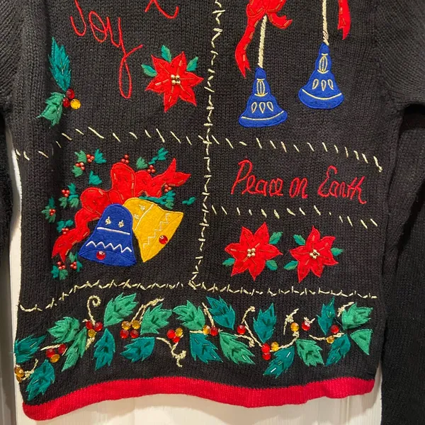 VTG 80s Bobbie Brooks Size S Vintage Holiday Sweater Black Embroidered Peace - Image 4