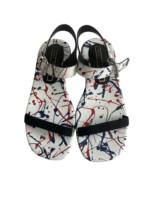 MARC JACOBS Paint Splatter White Blue Red Leather Sandals Size 7.5 / 37.5 - Image 5