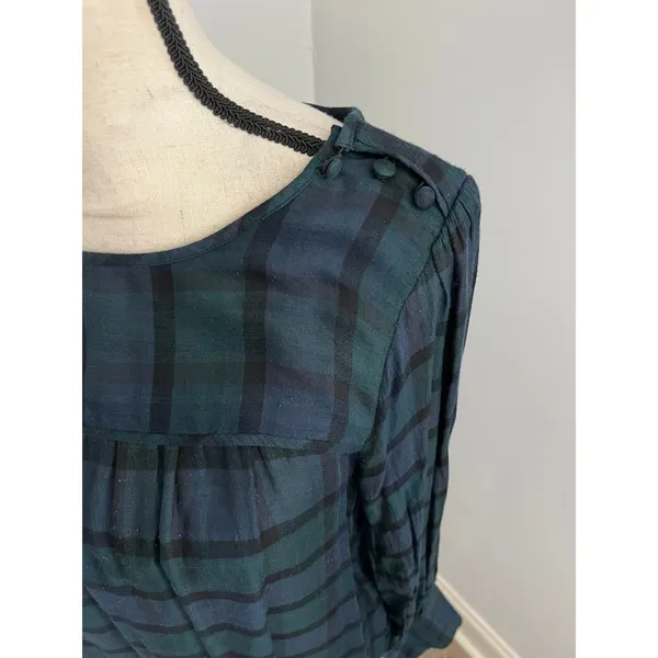 Loft Tartan Plaid Long Sleeve Blouse Medium Green Navy Blue Holiday Preppy Academia - Image 3