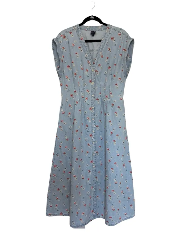 GAP Women’s 100% Cotton Pleated Denim Maxi Dress in Multi Floral Print - Size M - Image 3