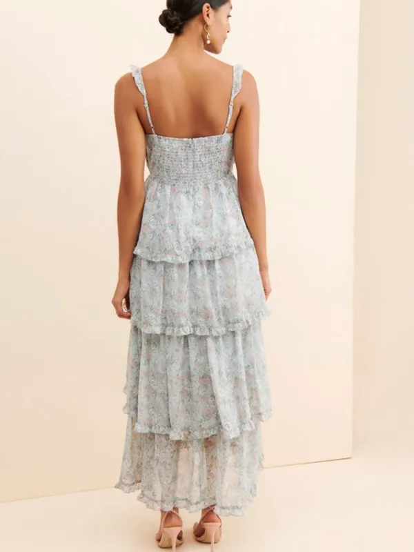 Anthropolgie ASTR The Label Blue Pink Floral Flutter Strap Ruffle Maxi Dress Med - Image 10