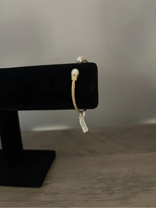 18k Gold Plated Tested Sterling Silver Open Cuff Pearl Bracelet - Image 5