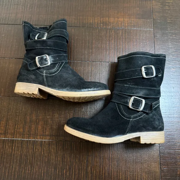 Roan Lola‎ Black Suede Moto Boots Womens 7 Buckle Mid Calf Side Zip Distressed - Image 5