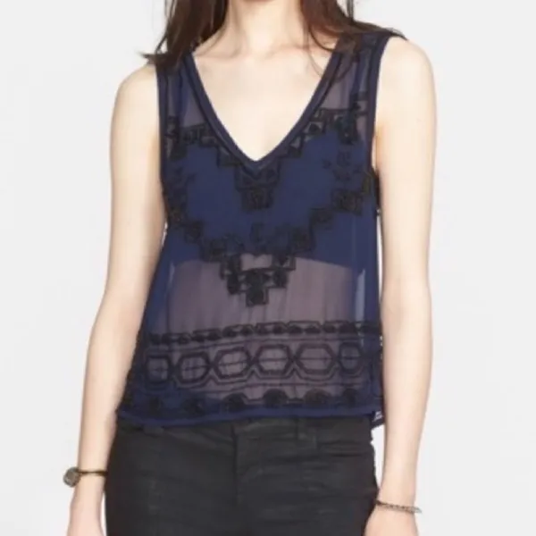 Free People Navy Blue Sheer Beaded Run With It Tank Top - Image 3