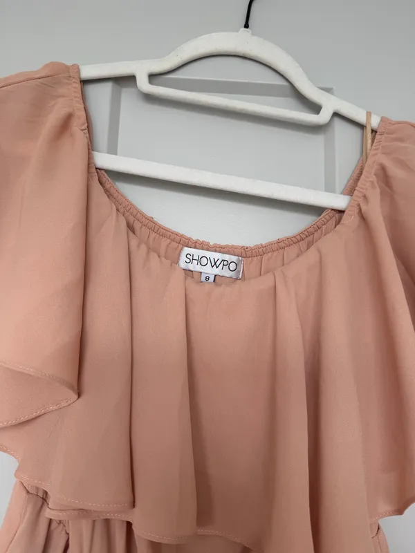 Showpo Blush/Peach Off-Shoulder Ruffled Mini Dress - Size 8 - Image 4
