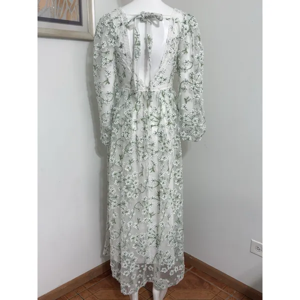 Ever After Floral Embroidered Maxi Dress Cottagecore Wedding Guest Long Sleeve S - Image 4