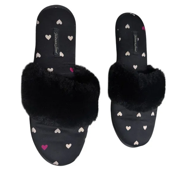 Victoria's Secret Satin Slippers House Shoes Hearts Fuzzy Black Size Large - Image 4