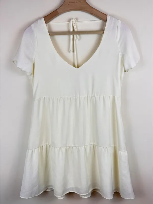 Show Me Your Mumu Ivory Tiered Babydoll Mini Dress XS V Neck Tie Back Bridal - Image 3