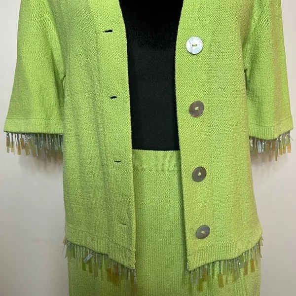 Vintage Liz Sheldon Ltd Lime Green‎ Skirt and Sweater Set w/ Jewel Tassel Detail - Image 7