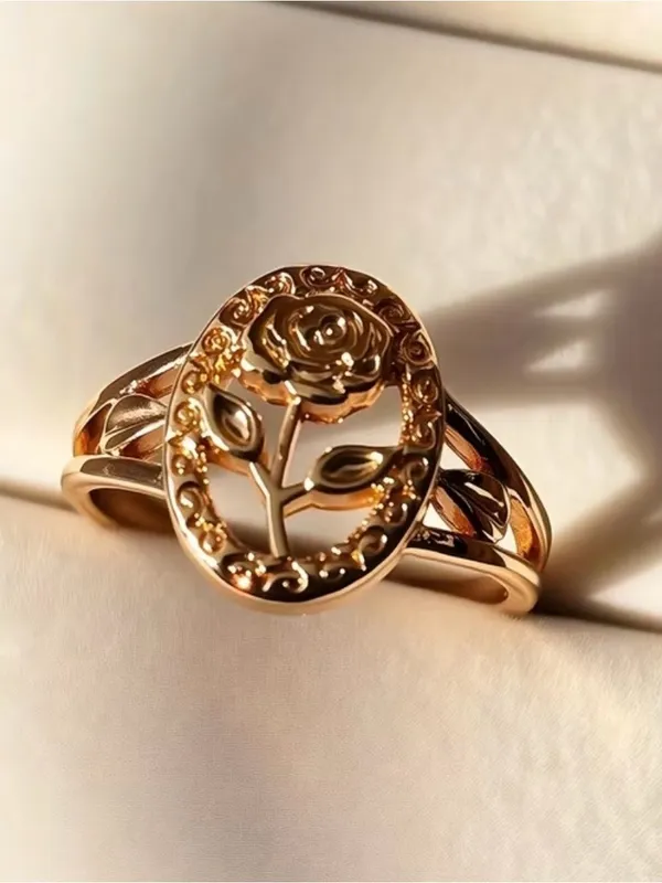 Gold Rose Oval Filigree Ring - Elegant Floral Women’s Ring Size 7 - Image 3