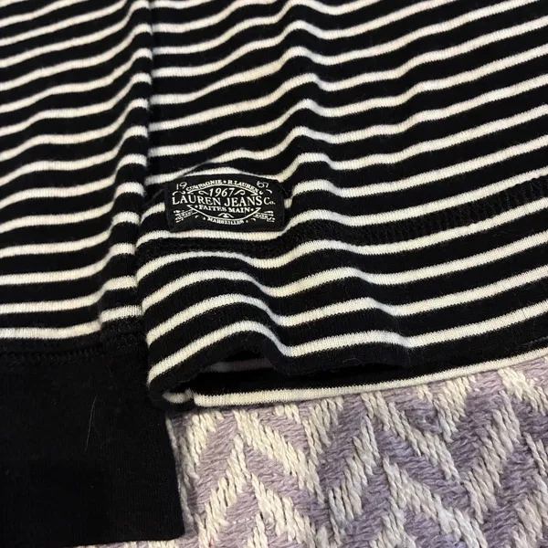 Lauren Ralph Lauren Womens Knit Tee Top Black/White Striped Elbow Patch Large - Image 3