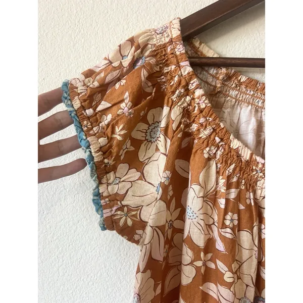 Free People Boho Floral Tunic Top Orange S Cotton Tie Neck Cap Sleeve Ruffle Hem - Image 10