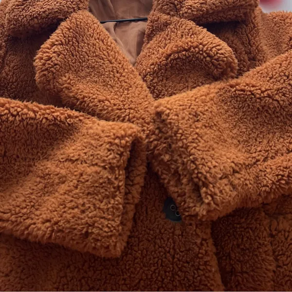 Free People Sherpa Teddy Pea Coat Oversized Burnt Orange Brown Jacket Cozy XS - Image 7