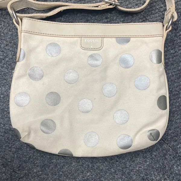 Fossil Polka Dot Crossbody Purse White Silver Canvas Soft Small - Image 2