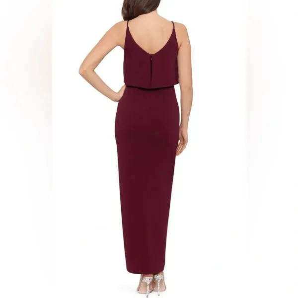 NWT XSCAPE Scuba Crepe Popover Faux Wrap Midi Dress Size 8 Maroon - Image 2