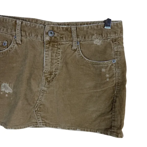 American Eagle Khaki Corduroy Distressed Mini Skirt Size 4 Frayed Hem Y2K Boho - Image 3