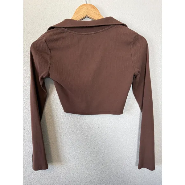ZARA Brown Ribbed‎ Collared Long Sleeve Crop Top Shirt Women Size S - Image 4