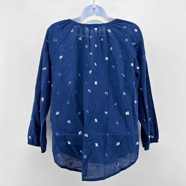 ROLLER RABBIT Blue Embroidered‎ Cotton Tunic Blouse Small S Boho V-Neck Slit Top - Image 7