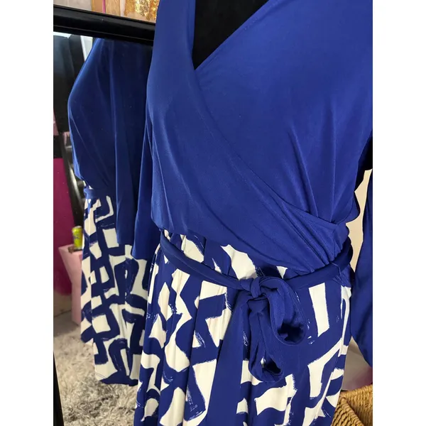 Leota‎ Faux Wrap Dress XXL Blue Zig Zag Navy Crepe V-Neck 3/4 Sleeve NWT 2515 - Image 6