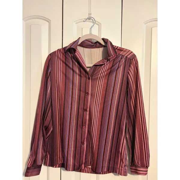 Vintage Button Down Blouse‎ Retro Stripe Burgundy Plum Silky Long Sleeve - Image 2