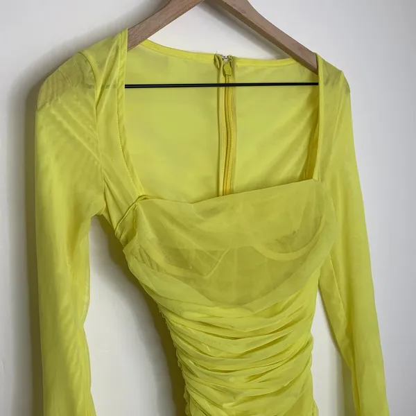 House of CB Valentina Yellow Long Sleeve Ruched Organza Mesh Mini Dress XS - Image 8