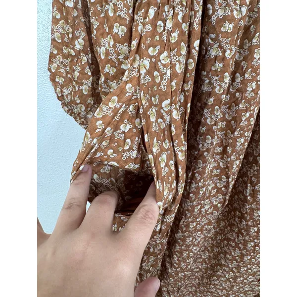 OPT Brown Floral Smocked Cotton Midi Dress Long Puff Sleeve Square Neck Pockets - Image 4