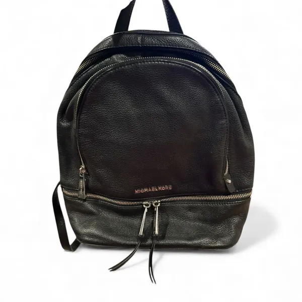 Michael Kors Rhea BLACK PEBBLE Leather Casual Backpack Goldtone Details - Image 3