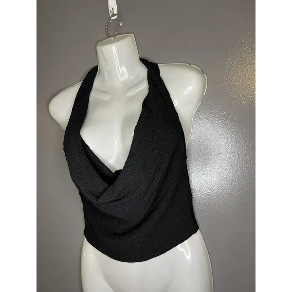 PrettyLittleThing Tank Top Womens 8 Black Textured Halter Cropped Stretch - Image 3
