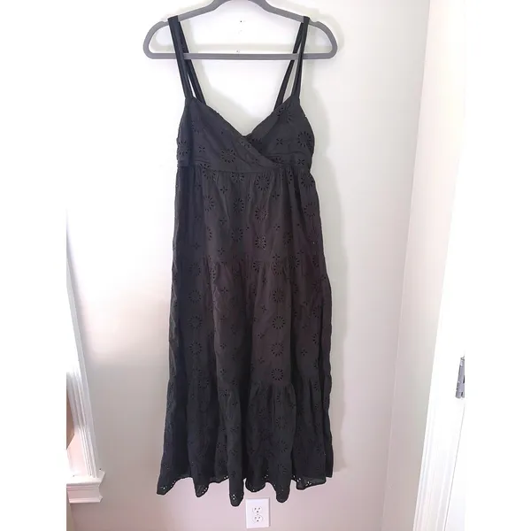Zara Black Cotton Eyelet Embroidery Tiered Midi Dress Small Smocked Back Strappy - Image 3