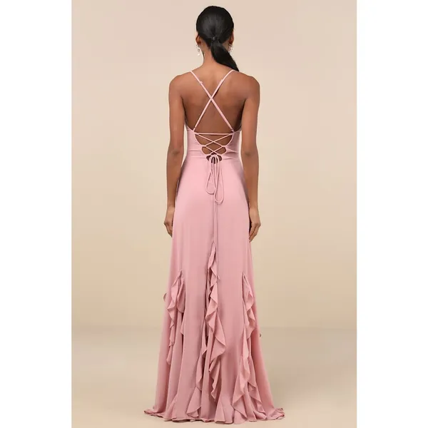 NWOT Lulus Priela Pink Ruffled Lace-Up Maxi Dress Holiday Party Bridesmaid Sz L - Image 3