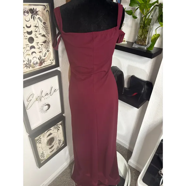 Long Wine Colored Reckless Hearts formal off the shoulder dress with front slit - Image 4