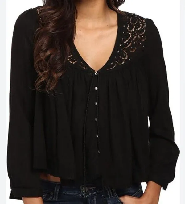 Free People 'Doin' It Right' Button Front Blouse Black Boho Flowy Lace $128 Sz S - Image 2
