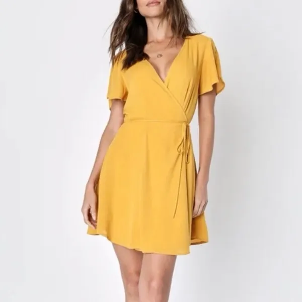 NWT Lulus Harbor Point Mustard Yellow Flutter-Sleeve‎ Mini Wrap Dress MEDIUM - Image 3
