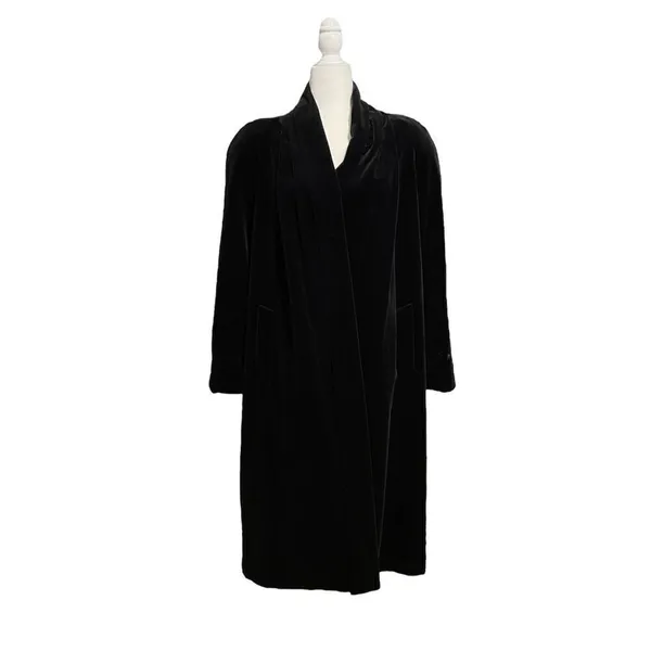 Vintage 80s Black Velvet Collections Overcoat Dress Coat Size Medium - Image 6