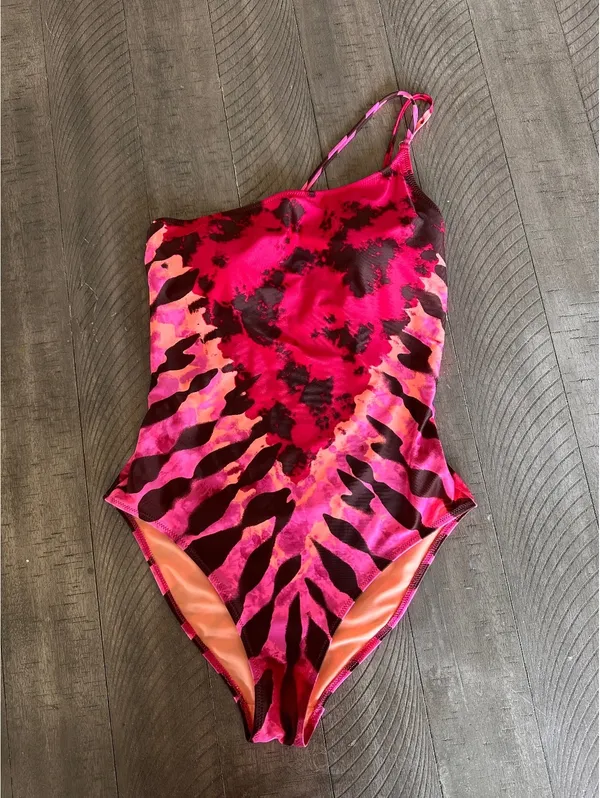 Aerie One Shoulder One Piece Swimsuit in Neon Peach & Pink Women’s Small - Image 13