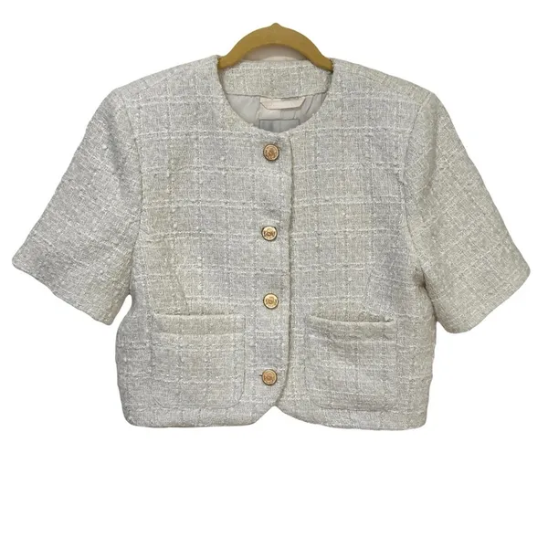 Abercrombie & Fitch Cream Short-Sleeve Cropped Tweed Blazer Jacket M - Image 2