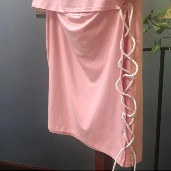 Reformation Rare By Nadia Aboulhosn 2016 Baby Pink Bodycon Crop Top & Lace Up Skirt Set 3X - Image 4