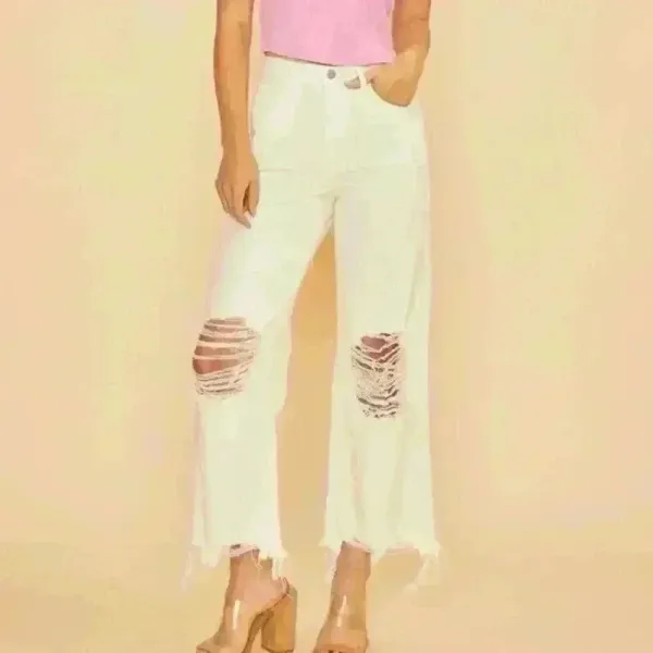 Distressed Wide Leg‎ High Rise White Jeans - Image 2
