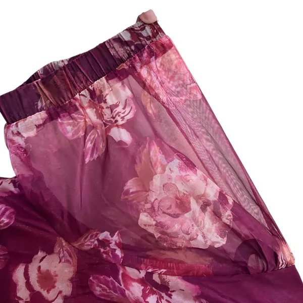 Wild Fable Short Dress SZ XL Burgundy Sheer Floral Smocking Short Puffy Sleeves - Image 6