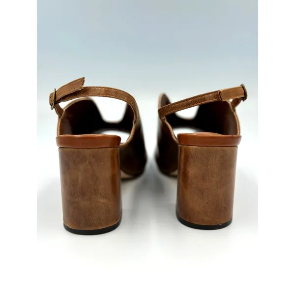 Real Leather Sling Back Chunky Heel Peep Toe Sbicca Windor Brown size 7 - Image 13