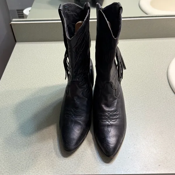 Vintage Laredo black leather‎ fringe cowboy boots BURNING MAN size 9 T1 - Image 6