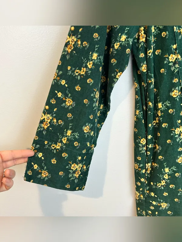 Vintage La Cera Green Floral Corduroy Button Down Cottagecore Midi Dress Large - Image 5