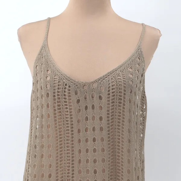 Crochet Knit Beach Cover Up Dress Tan Boho Resort‎ Summer Vacation Layering OS - Image 2