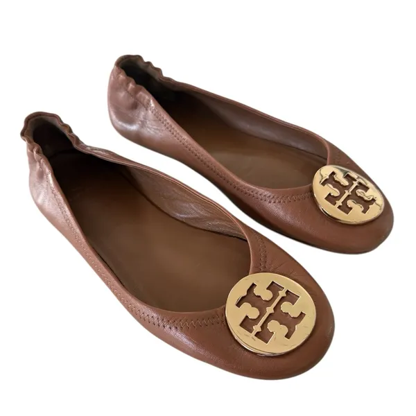 Tory Burch Brown Leather Minnie Travel Ballet Flats with Gold Logo - Image 6