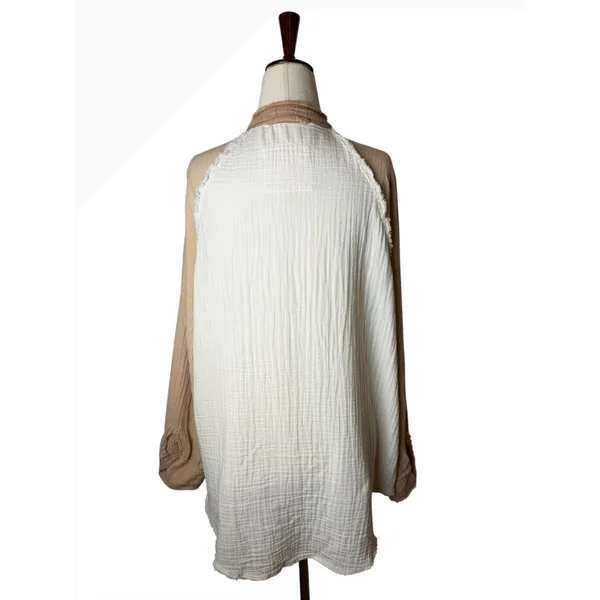 Aerie Gauzy Coverup Shirt Women‎ XS Tan Ivory Colorblock Cotton Oversized - Image 3